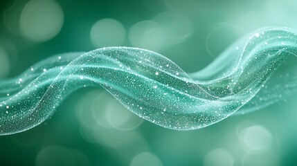 An abstract image with a flowing wave of light and shimmering particles, on a blurred green background