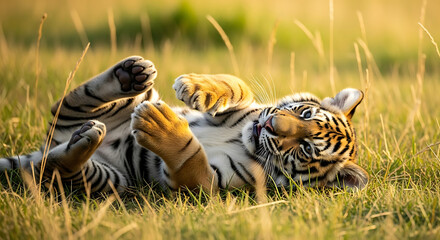 Tiger cub playing on its back in tall grass at sunset