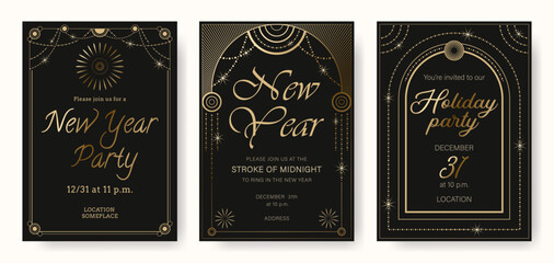 New year party templates invitation. Stroke of midnight events. Art deco vector layouts for holidays, posting on social media.
