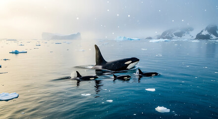 Orca pod swims in frigid arctic waters with icebergs around