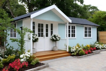 Pale blue cozy garden shed with front porch