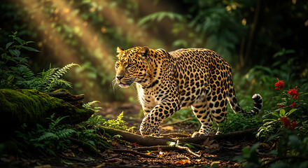 Leopard walking through sunlit jungle foliage with dappled light