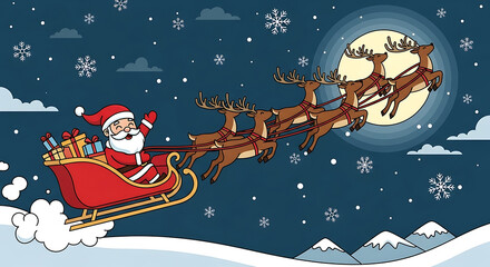 Santa Claus flying in sleigh with reindeer across the moon