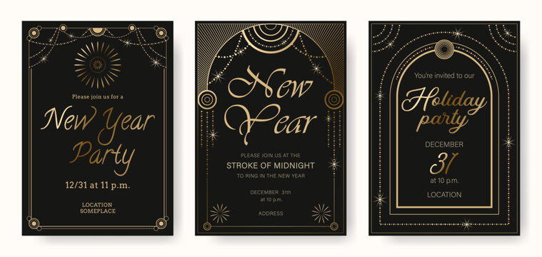 New year party templates invitation. Stroke of midnight events. Art deco vector layouts for holidays, posting on social media. - Powered by Adobe
