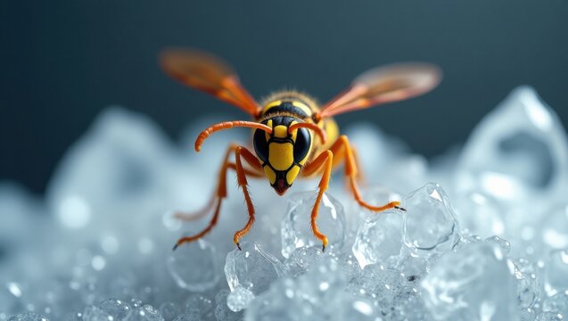 Close up macro shot of a yellow jacket wasp landing on jagged ice crystals with wings spread