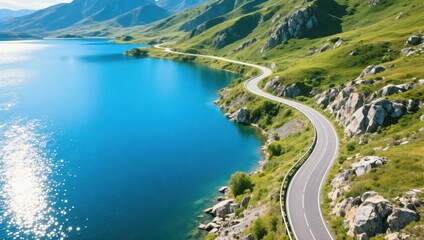 Fototapeta premium Winding shoreline concept Drone view of mountain road curving along blue lake shore background, cinematic aerial travel background for nature and landscape inspiration