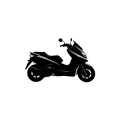 A dimly lit silhouette of a modern motorcycle against a dark background