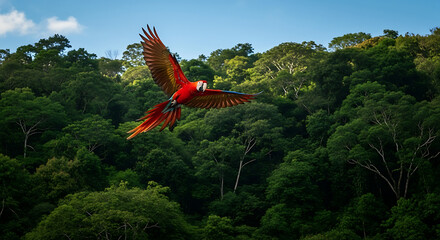 Scarlet macaw flying over lush green rainforest canopy