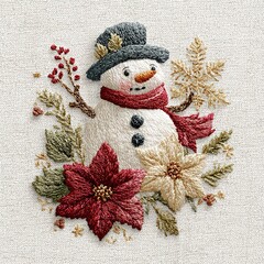 snowman with christmas decoration surrounded by festive winter florals and holiday accents, transformed into a hyper-realistic faux yarn embroidered design on a pure white background