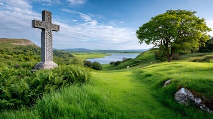 Celtic cross standing on green hills overlooking lake