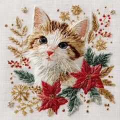 cat and christmas decoration surrounded by festive winter florals and holiday accents, transformed into a hyper-realistic faux yarn embroidered design on a pure white background