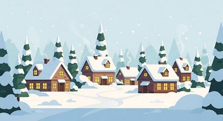 Snowy village landscape with pine trees and cozy wooden cabins