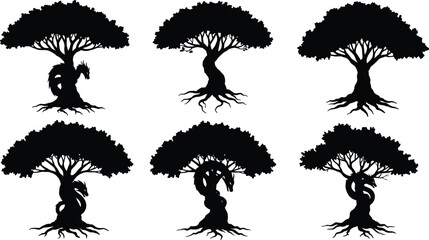 Fantasy tree silhouettes with dragon design, mythical nature illustration, magical forest art, eco concept, fantasy background, wildlife symbol, enchanted landscape