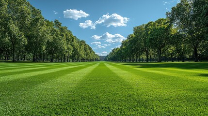 Long, grassy pathway between lush, leafy trees under a blue sky dotted with puffy clouds