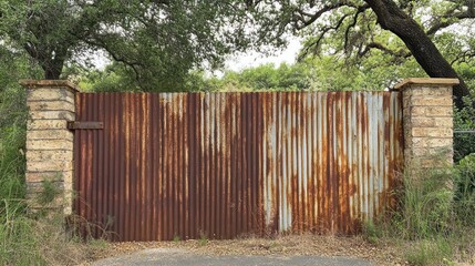 Weathered corrugated metal gate between brick pillars, under large tree branches