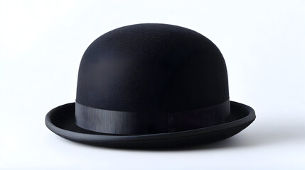 Black bowler hat sits on white. Classic studio look for product shot, posters, graphics.