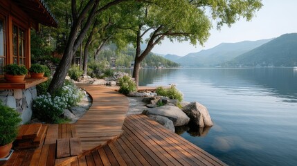 Wooden Dock Pathway Leads To A Sunny Lakeside With Lush Green Trees And Distant Mountains Under Clear Blue Sky