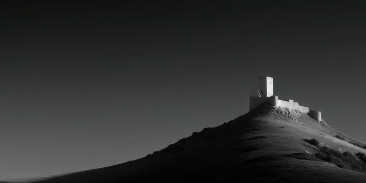 Una fortaleza imponente se alza sobre una colina escarpada bajo un cielo crepuscular.