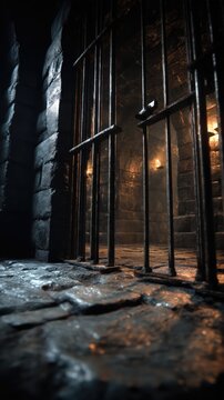 Una vista inquietante a trav&eacute;s de barrotes de una prisi&oacute;n, con una atm&oacute;sfera oscura y misteriosa.
