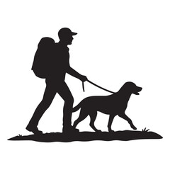 Silhouette of a hiker walking his dog through grassy terrain vector illustration