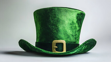Emerald green velvet top hat displays a textured surface with soft shadows, ideal for St. Patrick's Day branding, posters, and festive designs.