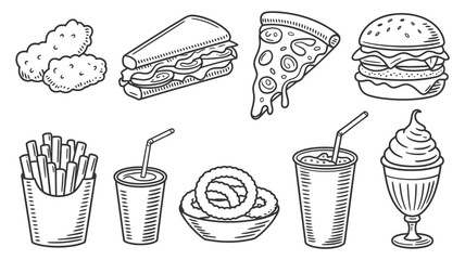 Crispy chicken nuggets, juicy burger, cheesy pizza slice, and classic sandwich perfect for fast food cravings and casual dining