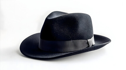 Black felt fedora hat on white surface features a simple style for product photography, fashion layouts, and apparel branding.