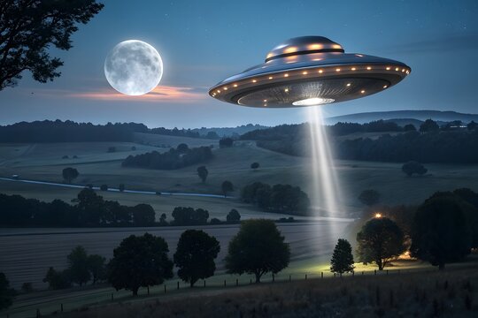 Mysterious flying saucer descends from the night sky illuminating a rural landscape with a bright beam of light