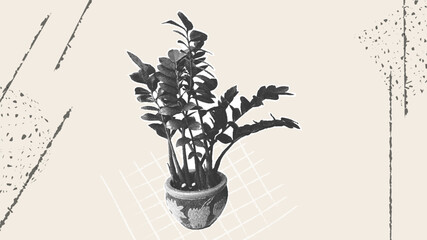 Stylized Zamia plant in a pot with a textured background. Trendy halftone collage with a grainy photocopy effect for flyers, banners, and social media.