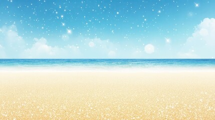 Beach ocean sand sky summer seascape illustration. Sand and water with horizon create tranquil landscape. Relaxation and nature for holiday, travel, background in dreamy style.