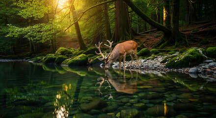 Majestic stag drinks from clear stream in sunlit forest