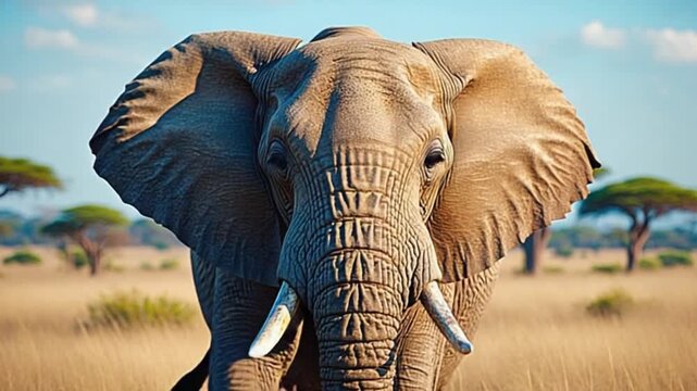 Close up shot of an african elephant facing forward in a grassy plain under a blue sky elephant video