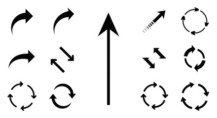 Dynamic collection of modern black arrows and circular refresh icons perfect for conveying direction, progress, and cycles in business and design projects.