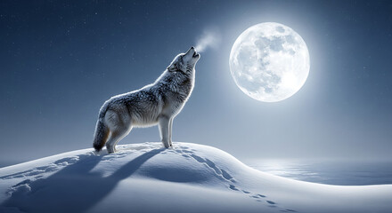 Wolf howling at moon in winter night landscape