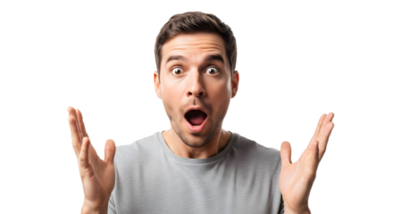 Man with shocked expression and raised hands — great for surprise, sale, or breaking news 