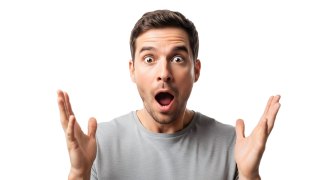 Man with shocked expression and raised hands — great for surprise, sale, or breaking news 