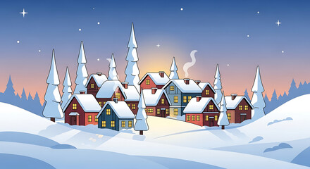 Winter village with snow-covered houses and pine trees