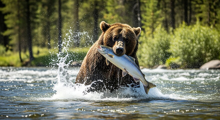 Grizzly bear catching salmon in rushing river waters