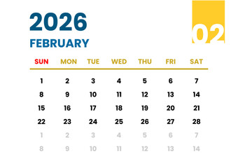 PrintFebruary 2026 Calendar. Sunday Start Format. February 2026 Monthly Calendar Template. End of Year Planner with Blue and Yellow Accent. Clean Blue and Yellow Calendar February 2026. 