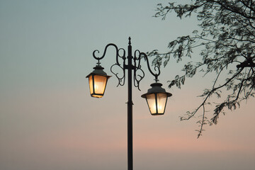 Two glowing lanterns on an ornate lamppost against a twilight sky with tree branches visible