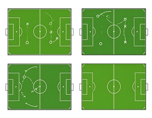 Four soccer field illustrations with varying strategy diagrams overlaying them