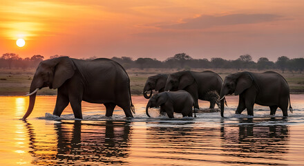 Elephant herd crossing water at golden hour sunset safari