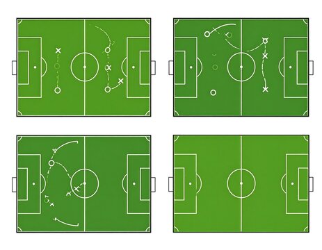 Four soccer field illustrations with varying strategy diagrams overlaying them