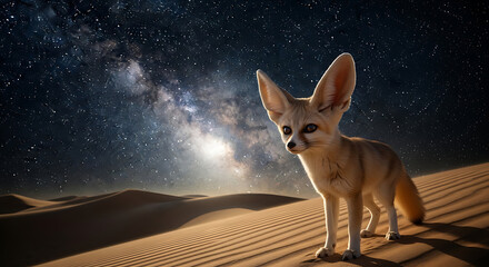 Fennec fox in desert under starry night sky