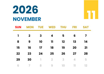 November 2026 Calendar. Sunday Start Format. November 2026 Monthly Calendar Template. End of Year Planner with Blue and Yellow Accent. Clean Blue and Yellow Calendar November 2026. 