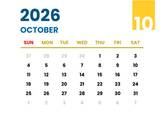 October 2026 Calendar. Sunday Start Format. October 2026 Monthly Calendar Template. End of Year Planner with Blue and Yellow Accent. Clean Blue and Yellow Calendar October 2026. 
