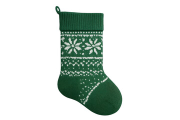 Green knitted christmas stocking with snowflake pattern, hanging holiday decoration for festive celebrations, transparent background