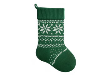 Green knitted christmas stocking with snowflake pattern, hanging holiday decoration for festive celebrations, transparent background