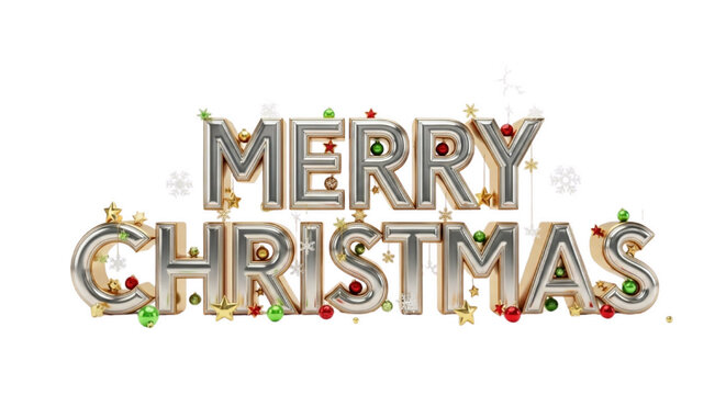 3D Render of Metallic Gold and Silver Merry Christmas Text with Festive Ornaments and Snowflakes