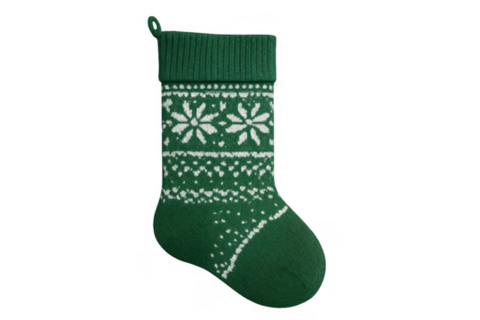 Green knitted christmas stocking with snowflake pattern, hanging holiday decoration for festive celebrations, transparent background - Powered by Adobe